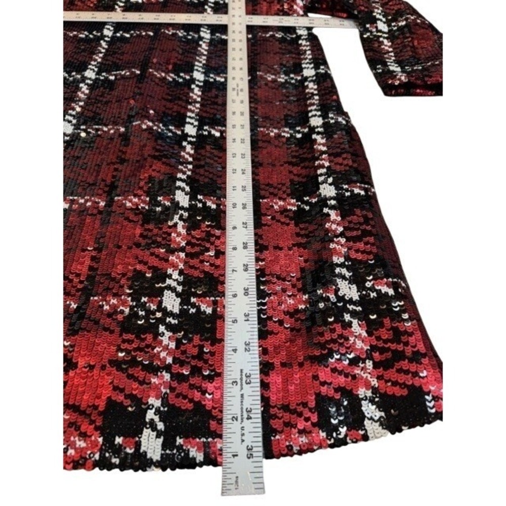 Tuckernuck Womens Medium Red Sequin Tartan Plaid Shift Dress 3/4 Sleeve Mini - Picture 6 of 9